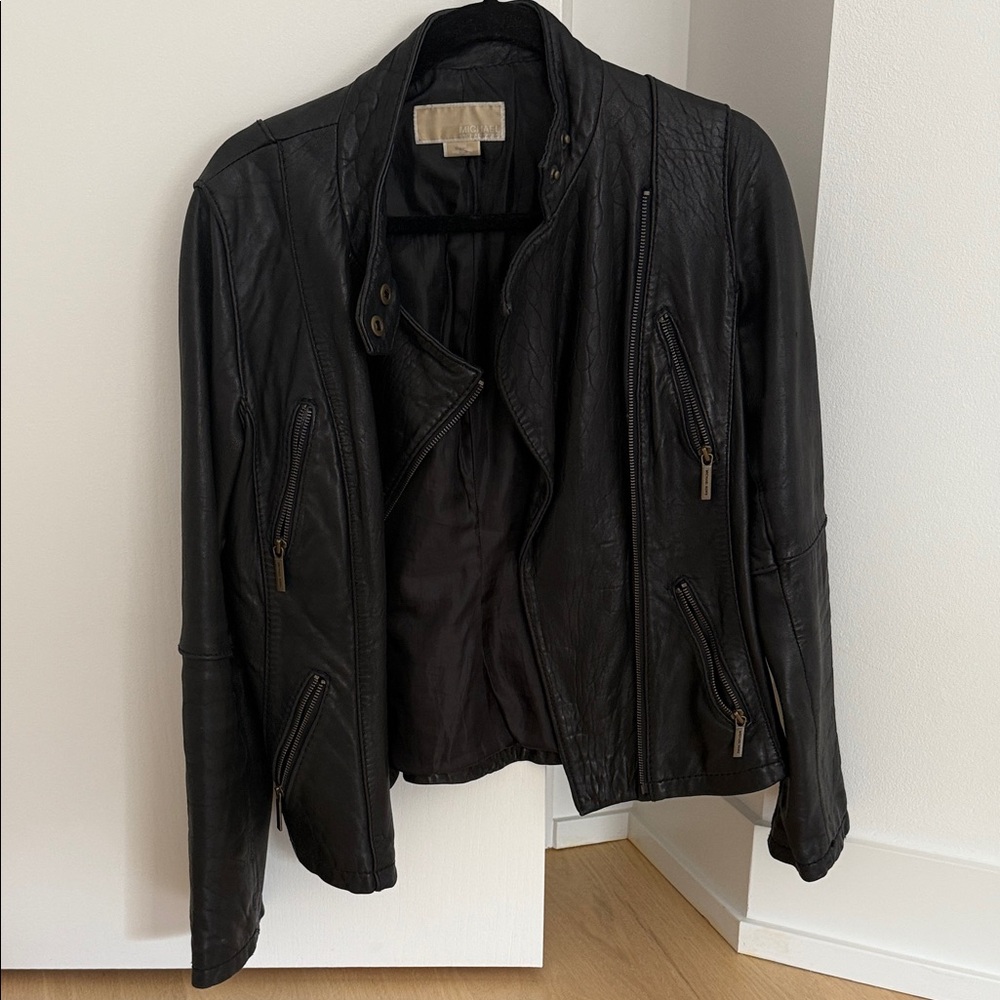 MICHAEL Michael Kors Black Leather Jacket with Zipper Details